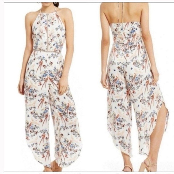 Gianni Bini Floral bird garden print Jumpsuit with high leg slits size small - Picture 1 of 5
